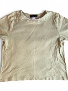 Olive Green Short Sleeve Tee with White Neck Embroidery